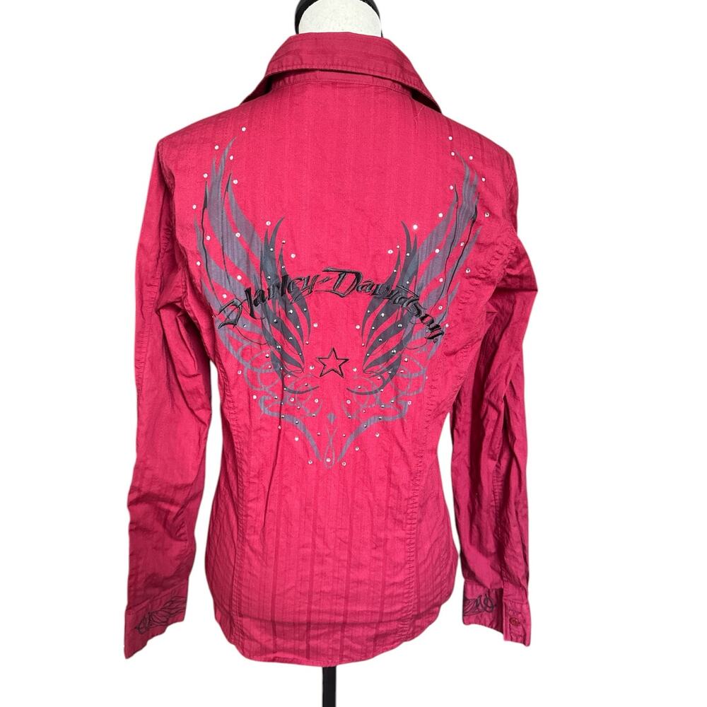 Harley Davidson Women's Medium Red Long Sleeve‎ Button Up Blouse Embroidered